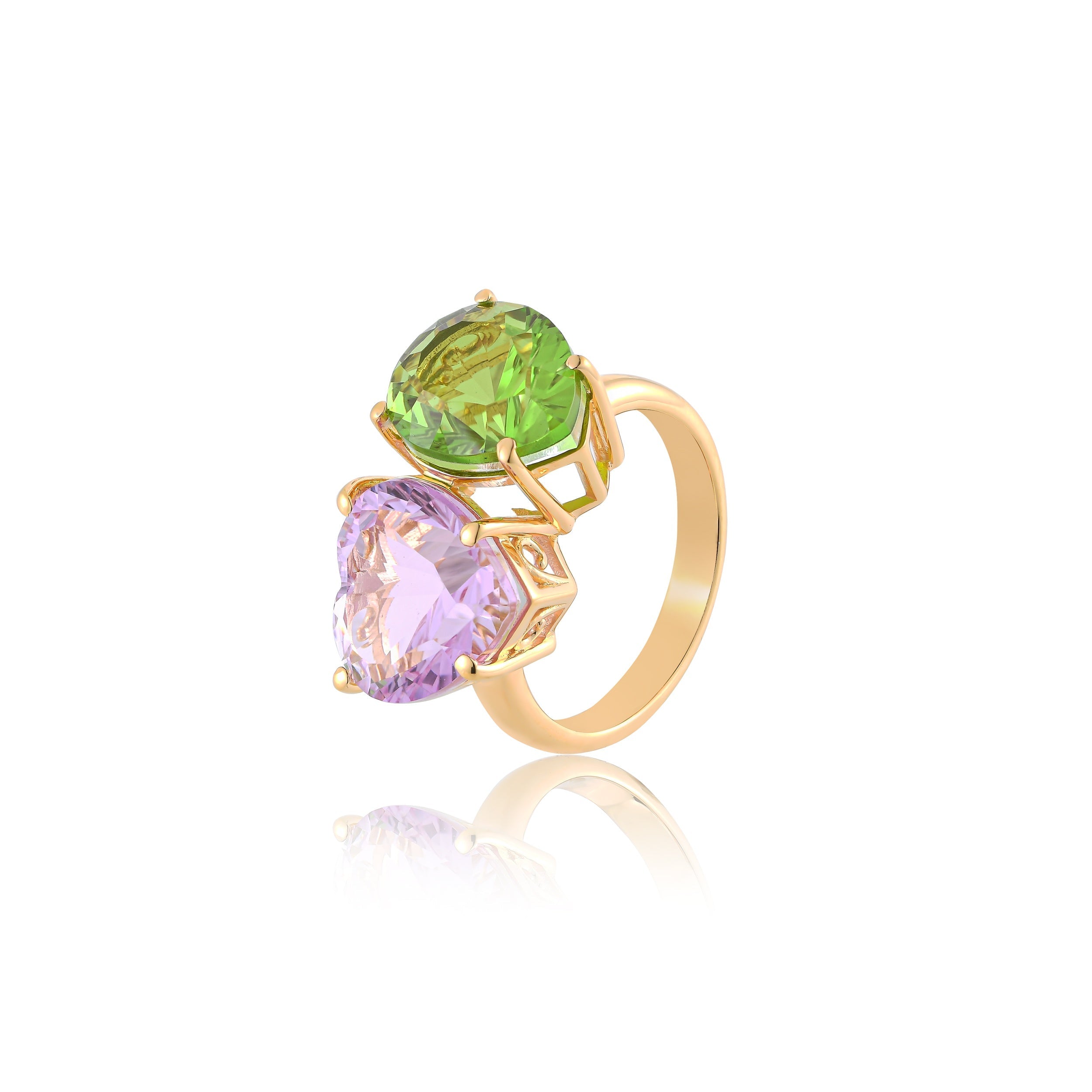 Kunzite Quartz And Green Peridot Duo Ring