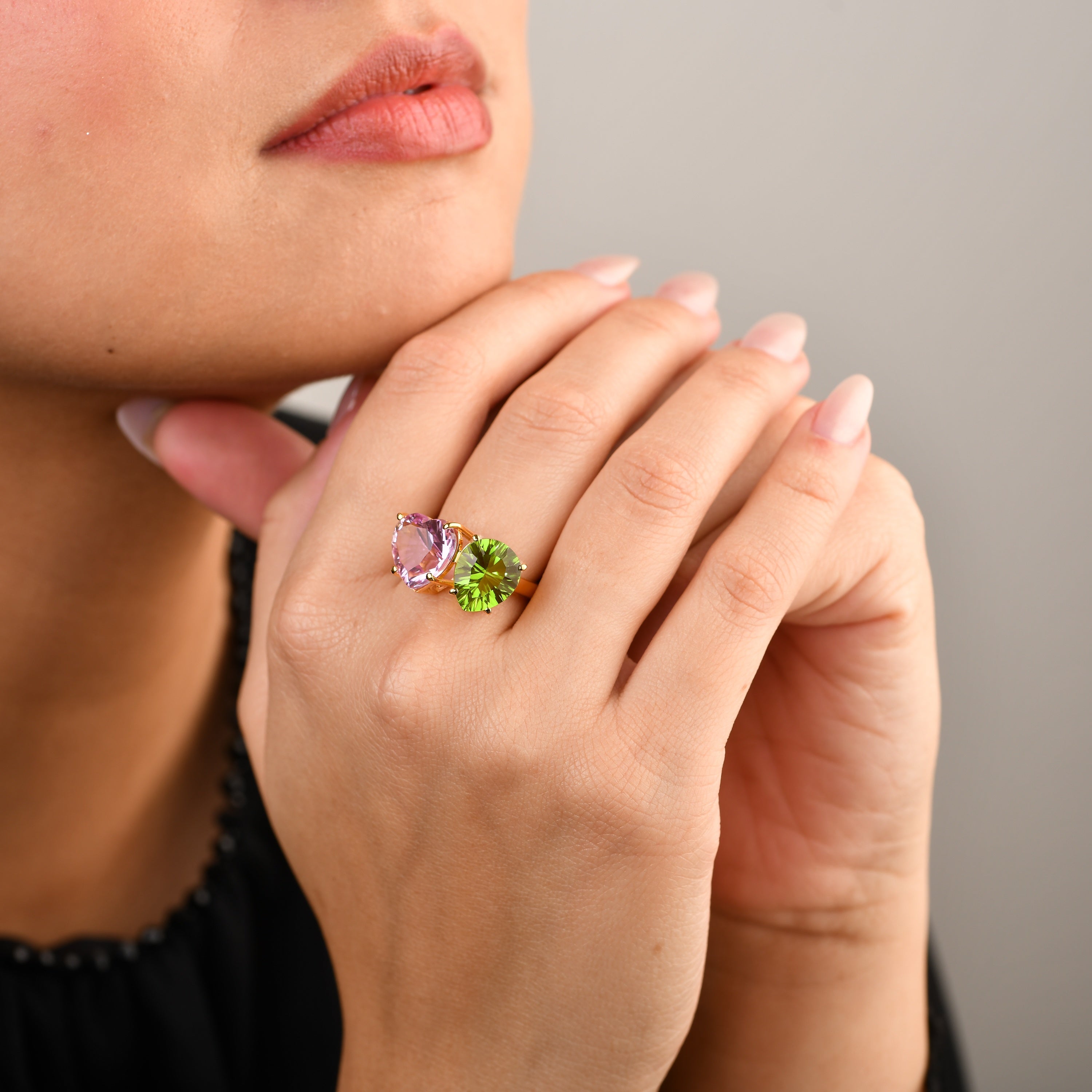 Kunzite Quartz And Green Peridot Duo Ring