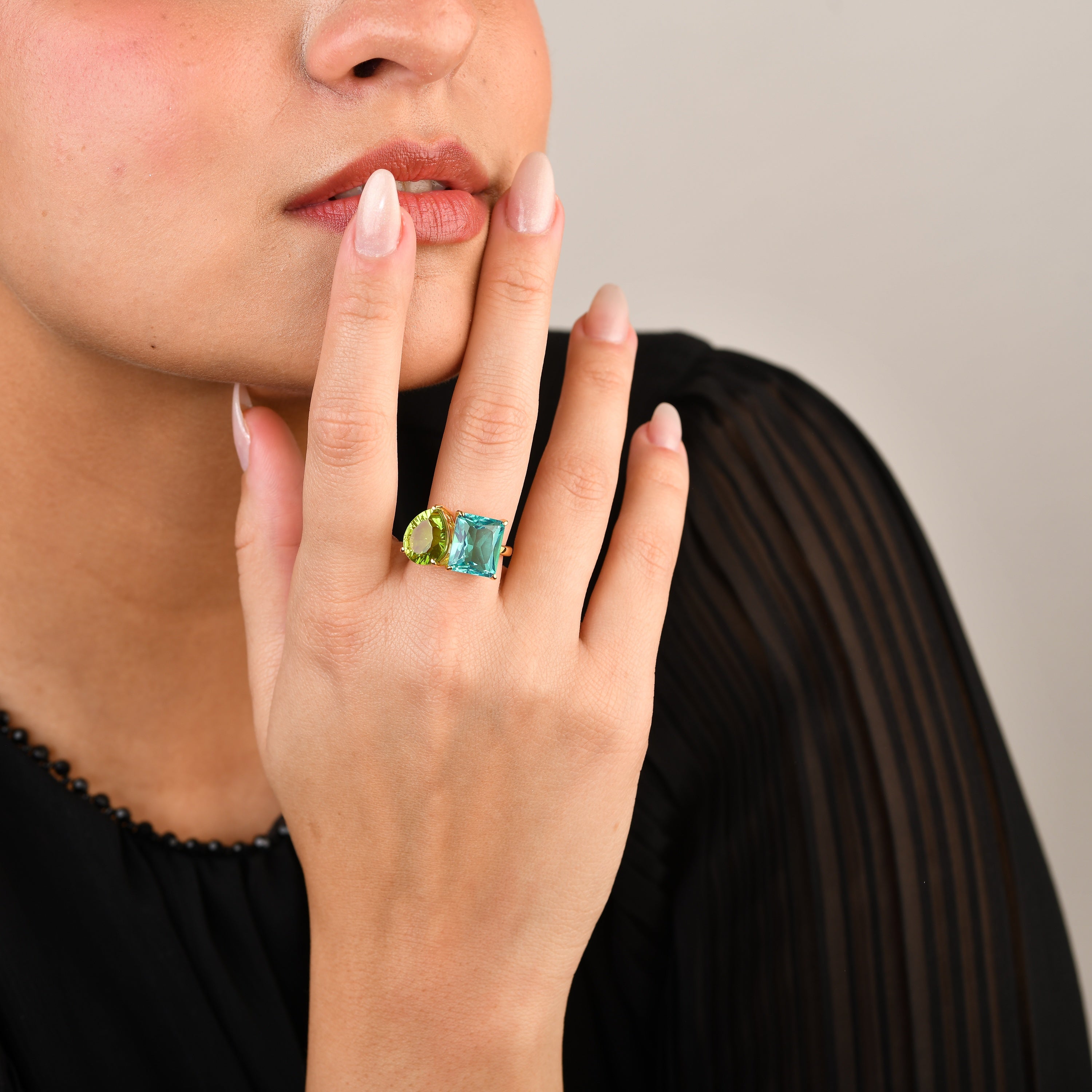 Paraiba Green Quartz And Peridot Duo Ring